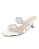Coutgo Womens Kitten Heels Rhinestone Mules Sandals Open Square Toe Dressy Summer Slip on Wedding Party Shoes, White, Size 8.5