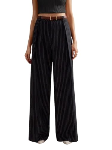 EIMEAR Women's Black High-Rise Striped Trousers | Regular Fit Full Length Pants | Casual Wear-KTTWOMENSPANT1021_Black Deal