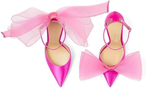 Women Stiletto High Heels Pumps with Asymmetric Grosgrain Mesh Bows Lace Ankle Strap Buckle Closed Pointed Toe Sexy Wedding Shoes Party Dressy Sandals 3.14 in Rose Red Size 8 | Image 2