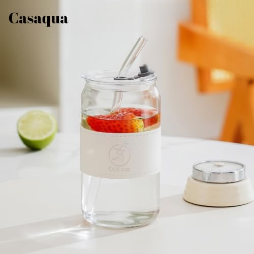 Image of Glass Can Tumbler with Lid & Straw - 500ml, Set of 1, Iced Coffee Cup, Reusable Drinking Glass with Sleeve, Leakproof Lid, Clear Glass Tumbler for Coffee, Tea, Juice, Smoothies & Boba