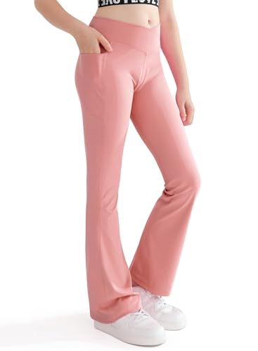 Girls Flare Yoga Leggings Cross High Waisted Flared Pants Dance Cute Activewear Kids Pants with Pockets 5-13 Years