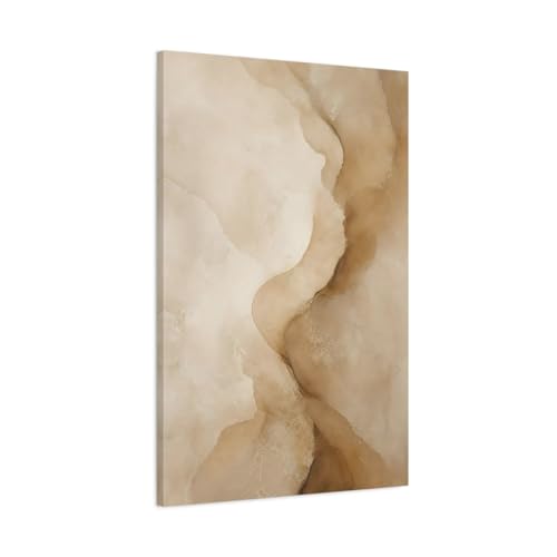 Toile abstraite formes organiques beige au-dessus de la cheminée du salon