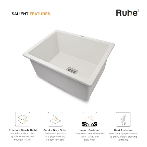 Image of Ruhe Crystal White Quartz Single Bowl Kitchen Sink - 21x18x9 inches | Noise-Reducing, Durable & Scratch-Resistant Kitchen Sink | Granite Sink with Vegetable Washing Basket, Coupling and Waste Pipe