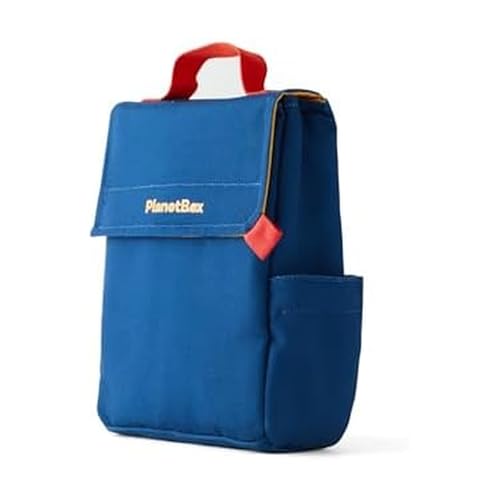 PlanetBox Lunch Sack - Set Sail Blue- Fold Top Lunch Bag with Sturdy Handle, Expandable Side Pocket and Interior Pocket – Durable, BPA-Free, and Machine Wash Safe