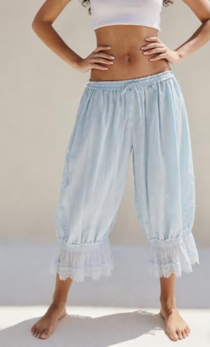 Image of NUFIWI Women Ruffle Long Bloomer Y2k Lace Trim Pettipants Pantaloons Mid Rise Cropped Pajama Pants Under Dress Slips