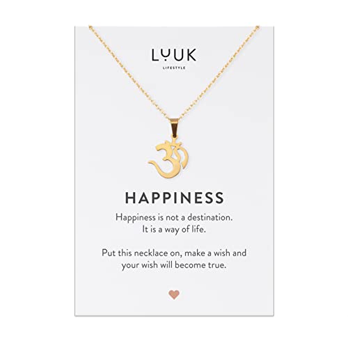 LUUK LIFESTYLE Collar de acero inoxidable con colgante del signo Om I Goa y tarjeta HAPPINESS, joyería para pieles sensibles, idea de regalo para mujeres, espiritual, bohemio, hippie, dorado