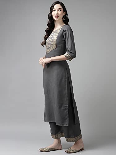Image of INDO ERA Women's Cotton Blend Yoke Design Straight Kurta with Pant & Dupatta Set