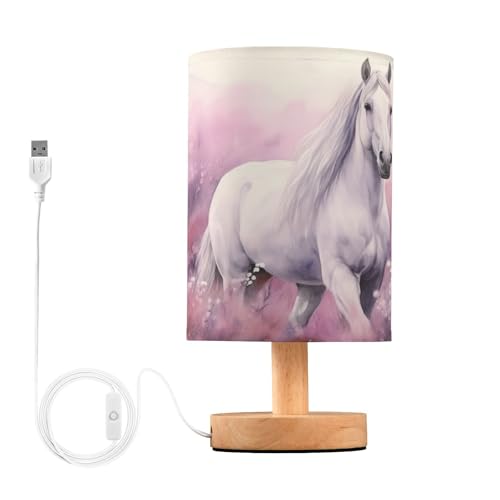 BOESI Chevaux blancs dans champs roses Lampe de table lampe de chevet avec base en bois et bouton...