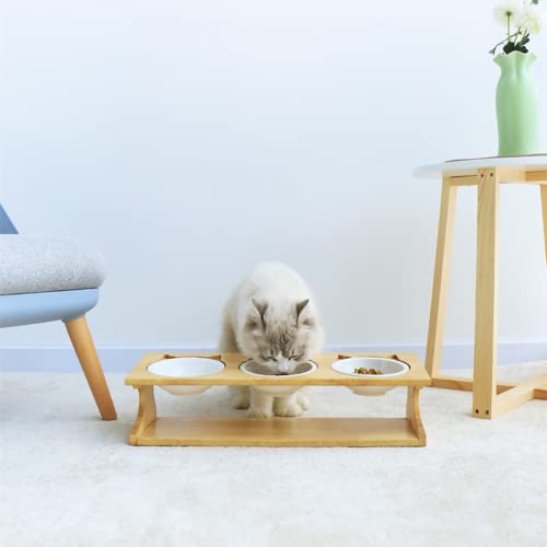 Petsoigné Cat Bowls Pet Dining Table With Raised Slope Wooden Stand Elevated Pet Bowls With Oblique Stand For Cats, Dogs, Kitten And Puppy (3 Bowls, Ceramics) #TOP4