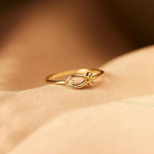 14K Gold Ichthys Fish Ring with Premium Stones, Christian Symbol Jewelry for Women, Faith-Based Religious Jewelry, Diamond-Cut Jesus Fish Ring for Baptism, Wedding, or Spiritual Gifts3