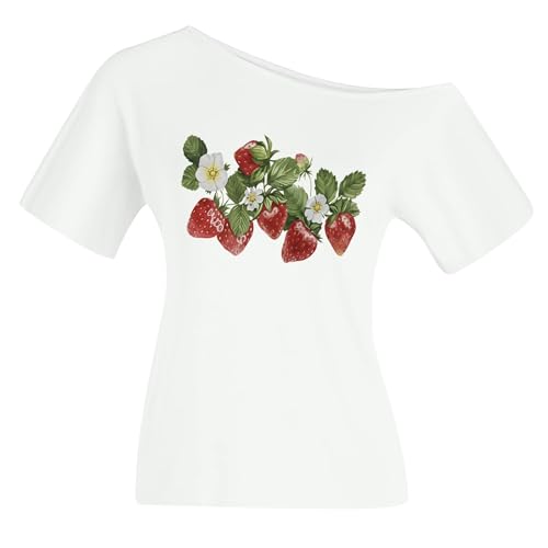Camiseta de manga corta para mujer con un solo hombro con estampado de frutas botánicas | Camiseta de verano dulce y femenina, Estilo L04 Blanco, XXL