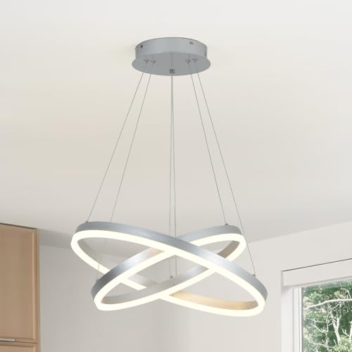 FULGOROCK 2-Ring Modern Silver LED Chandelier Dimmable Pendant Light with