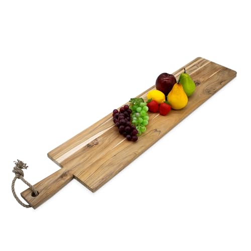 Spetebo Planche de service XXL en teck avec poignée – 100 x 20 cm – Plateau de service en bois pour antipasti – Planche en bois pour saucisses, fromages, entrées