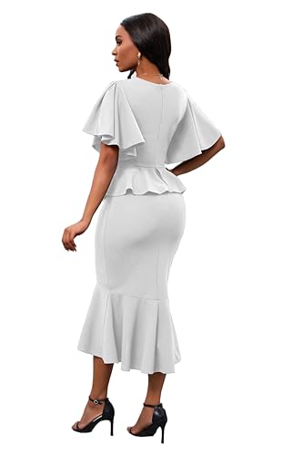 Image of Womens Summer Ruffle Short Sleeve Fishtail Dress Evening Cocktail Formal Peplum Midi Mermaid Dresses Elegant