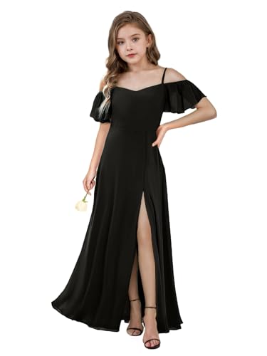 Junior Bridesmaid Dress Off Shoulder Short Sleeve Chiffon Long Flower Girl Dress Side Slit