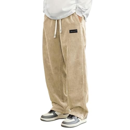 Mens Pants, Corduroy Fabric Men's Daily Casual deep V Striped lace-up Loose Elastic Waist Pocket Pants with Pockets