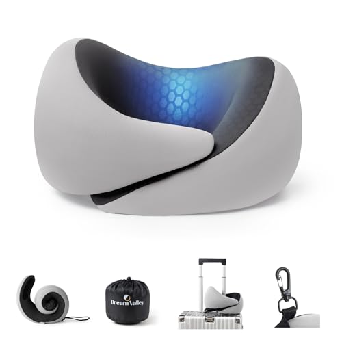 Image of Dream Valley Neck Travel Pillow, Memory Foam Travel Pillow for Airplane, Portable Roll-Up Neck Pillow with Cooling Inner Fabric, 360 Ergonomic Support, No Head Bobbing, Light Gray