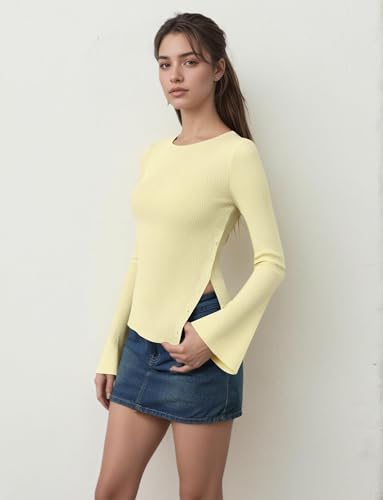 Women Side Split Button Down Sweater Solid Boat Neck Flared Long Sleeve Ribbed Knit Shirt Casual Asymmetric Sweaters3