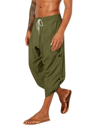 Runcati Mens Linen Harem Capri Pants Yoga Beach Drawstring 3/4 Shorts Casual Hippie Pants, Army Green, X-Large
