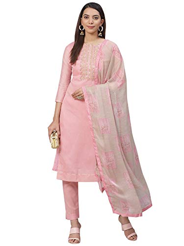 Image of AKHILAM Women's Chanderi Cotton Embroidered Unstitched Salwar Suit Material (Red 32DMK80 M Parent)
