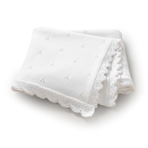 LAWKUL Organic Cotton Baby Blanket for Newborn Boys Girls Knitted Crochet Receiving Blankets Crib Nursery Swaddle 30x40 Inch (White)