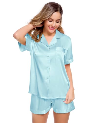 Image of LecGee Womens Silk Satin Pajamas Set Button Down Short Sleeve Pj Sets 2 Pcs Loungewear XS-XXL, Light Blue X-Small