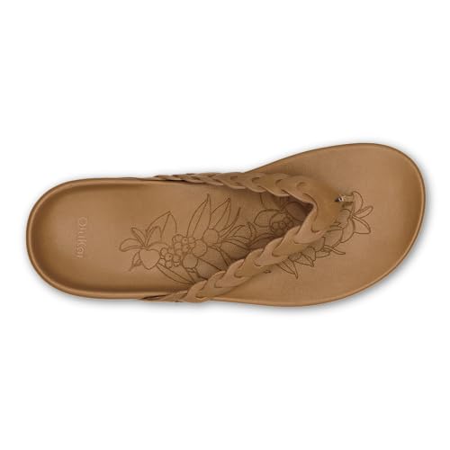 OLUKAI Lei Women's Beach Sandals, Versatile Leather Flip Flops, Soft Straps & Unique Design, All-Day Comfort & Support, Tan/Tan, 112