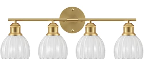 Image of Bathroom Light Fixtures, 4-Light Brushed Gold Vanity Lights for Bathroom with White Tulip Glass Shade, 26 inch Vintage Bathroom Vanity Lighting Fixtures Over Mirror for Bedroom Living Room Hallway