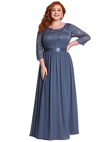 Ever-Pretty Plus Damen 3/4 Ärmel Spitze Rundkragen A-Linie Elegant Empire Bodenlang Chiffon Große Größe Abendkleider Staubige Marine 54 Cover