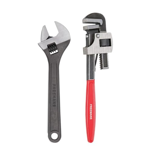 Image of FREEMANS Combo Pack of 2 Plumbing Open End Tool Kits Set for DIY Home & Professional Use Included Components 12-Inch Adjustable Wrench and 14-Inch Pipe Wrench