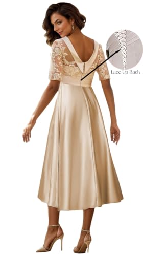 Satin Mother of The Bride Dresses for Wedding Tea Length Evening Gown Corset Lace Formal Dress with Sleeves2