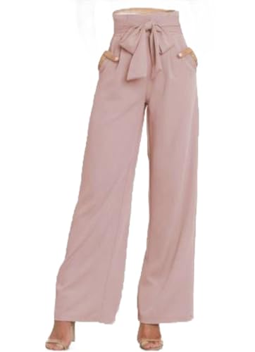 Women's Wide Leg Pants with Bow Belt, High Waist, Casual Palazzo Style, Blush Pink