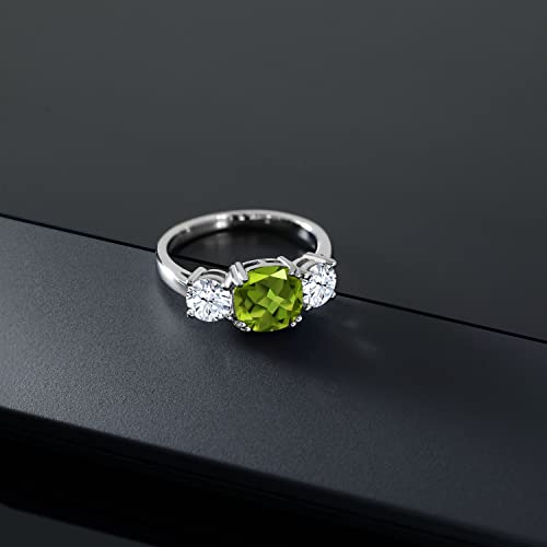 Gem Stone King 3.95 Cttw Green Peridot and White Zirconia 3 Stone Engagement Ring For Women | 925 Sterling Silver | Gemstone August Birthstone | Cushion 8MM | Available in Size 5,6,7,8,94