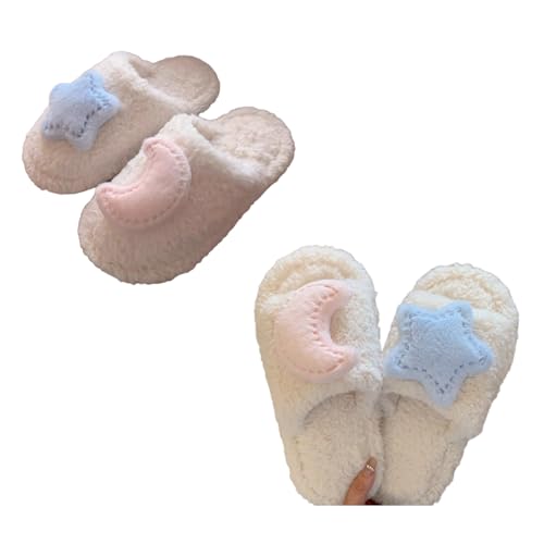 ZQW Women's Star Moon Slippers Y2K Plush Fuzzy House Shoes Cute Non-Slip Closed or Open Toe Slides for Winter Home Indoor
