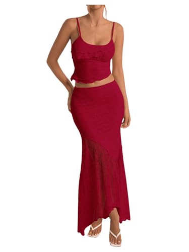 Milumia Womens 2 Piece Outfits Ruffle Trim Cami Crop Top and Low Rise Maxi Skirt Set Red Medium