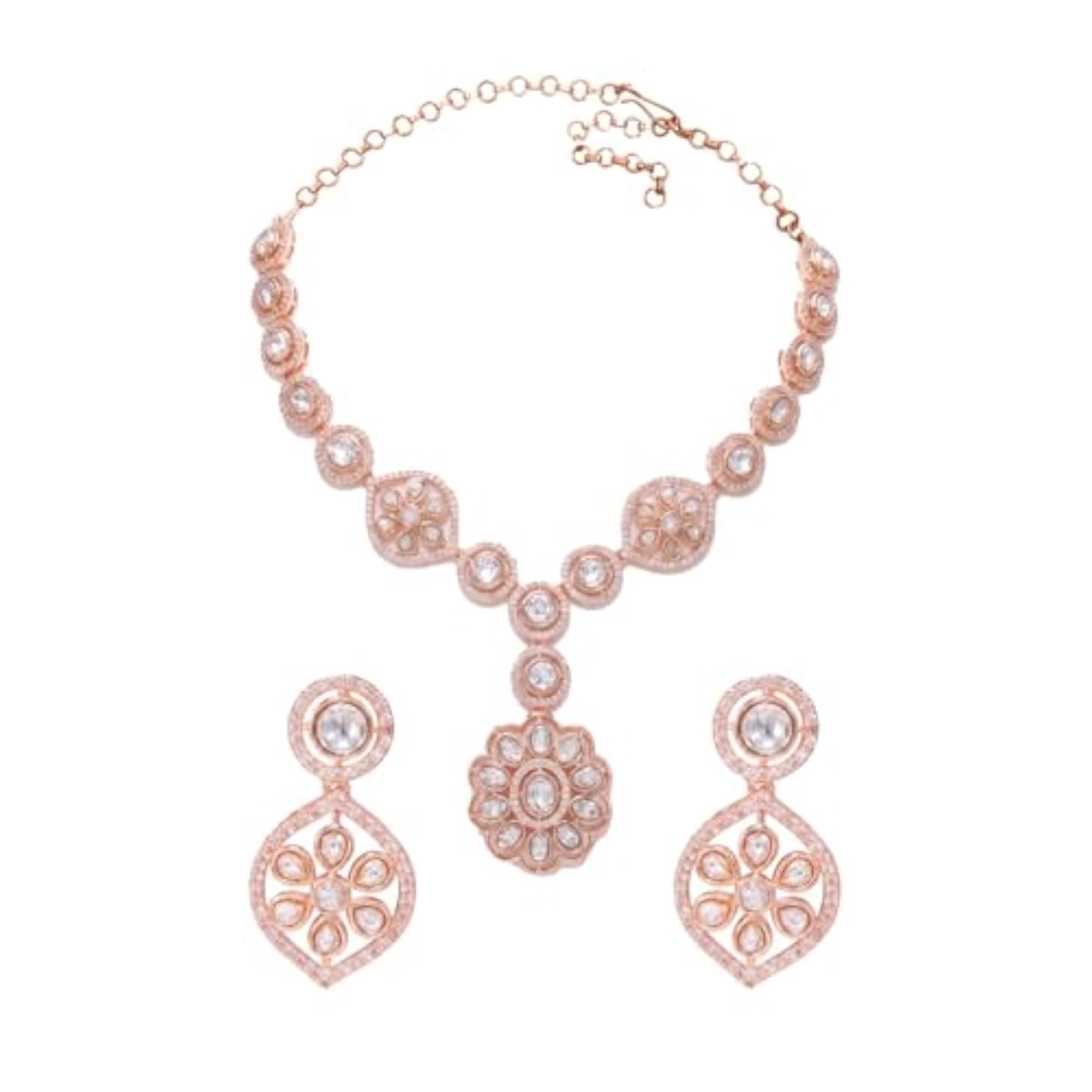 Women's White Rose Gold Plated Ethnic Necklace Earrings Set