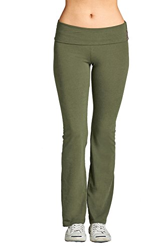 Hollywood Star Fashion Women's Solid Foldover Solid Bootleg Flare Yoga Pants (Small, Olive)
