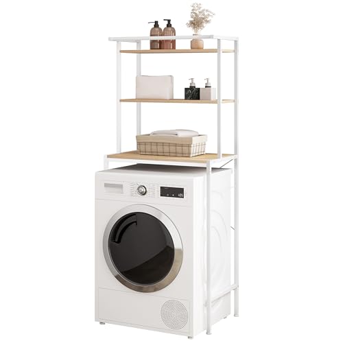EUGAD Waschmaschinenregal, WC Regal über Waschmaschine Toilette, Waschmaschinenschrank Überbauschrank, Toilettenschrank, 3 Ablagen, Handtuchhalter, Metall Holzwerkstoff, 67x162x40 cm, Weiß