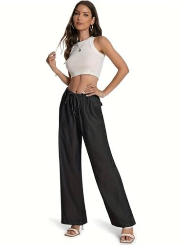 Image of TOPLOT Woman's Wide Leg Drawstring Trousers with Elastic Waist | Relaxed Fit Casual Pants with Pockets | Comfortable Everyday Wear for Travel and Office Wear (5251)