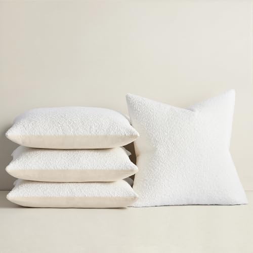 Topfinel Ivory White Set of 4 Decorative Textured Boucle Throw Pillow Covers Accent Solid Pillow Cases with Soft Linen Cotton Backing for Chair Sofa Bedroom Living Room Home Decor 18 x 18 Inch