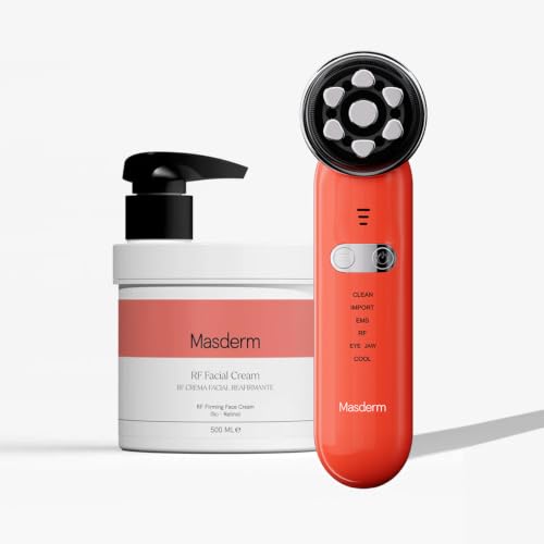 MASDERM RF Tratamiento Facial Antiedad y Reafirmante – Masajeador Eléctrico 7 en 1 con Radiofrecuencia y LED + Crema Facial 500 ml con Ácido Hialurónico y Colágeno para Efecto Lifting en Cara y Cuello