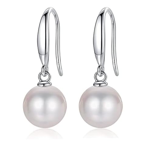 LUCKMORA Real Pearl Earrings for Women Drop Dangle 925 Sterling Silver Everyday Gold Plated Hook Earring with Round Genuine Freshwater Cultured Pearls Cover
