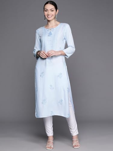 Image of INDO ERA Women's Floral Chikankari Work Viscose Rayon Calf Length Straight Kurta (23AGS7314)