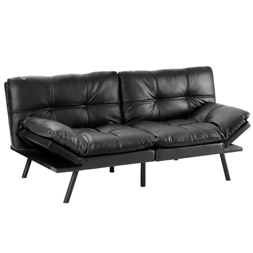 Sweetcrispy Sofa Bed Couch - Leather Loveseat Sleeper Futon for Living Room, Foldable Memory Foam Furniture, Convertible Full Size Sofa, Adjustable Backrest and Armrests, Black