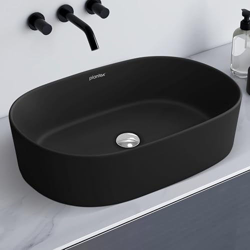 Image of Plantex Ceramic Wash Basin for Bathroom /Oval Table Top Basin /Countertop Vessel Sink for Home /Hotel - (Charcoal Black- 22 x 14 x 6 inch)
