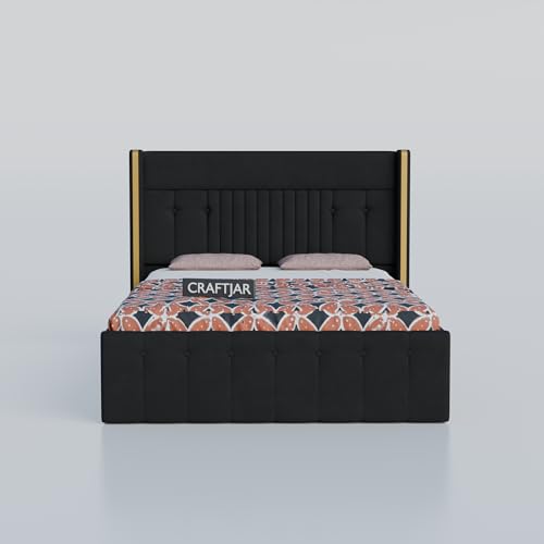Image of Solid Wood Upholstered Single Bed for Bedroom with Storage | Premium Fabric with Button Tufted Headboard | Wooden Single Cot /Palang for Home | Modern Single Bed | Black