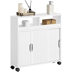 Yaheetech Mueble de Baño con Ruedas Armario de Suelo Estrecho con Puertas Correderas Mueble Cocina Auxiliar de Madera Lacada con Estantes para Espacio Estrecho 20 x 70 x 72 cm,Blanco