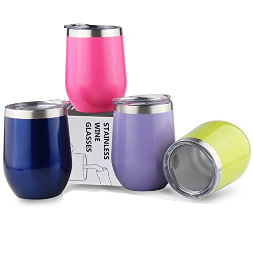 Sivaphe Cups Stainless Steel Wine Tumblers Insulated Double Walled Coffee Tea Glasses with Lids for Camping Home Office Party 12OZ Set of 4 Green Purple Rose Red Navy
