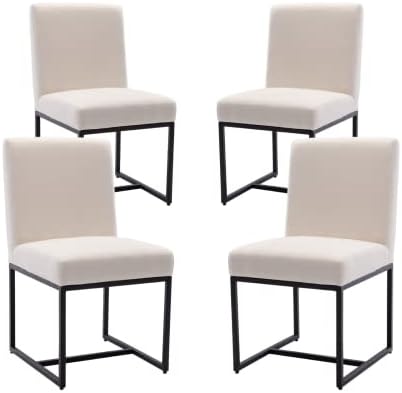 CIMOTA Modern Dining Chair Set of 4, Mid Century Linen Dining Room Chairs Fabric Padded Armless Side Chair with Metal Sled Base for Dining Room/Guest Room, Cream Ivory 4PCS