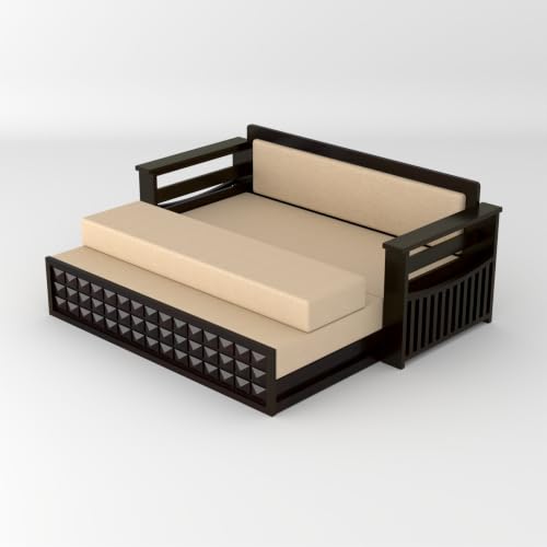 Image of Solid Sheesham Wood Sofa Cums Bed with Mattress & Storage | Rosewood Convertible Sofa Bed for Living Room & Bedroom (D-Walnut, 3 Seater)